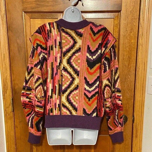 FARM Rio Red Striped Patchwork Sweater slouchy shoulders  chevron pattern Small - Picture 5 of 10